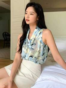 DAZY 花卉印花褶皱V领无袖上衣，外出上衣，复活节 - 淺藍色 - 查看 4