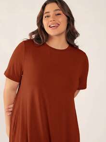 SHEIN BASICS Plus Size Women's Solid Color Casual Party Outing Short Sleeve Dress - Rust Brown - View 3