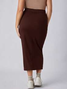 SHEIN BASICS Falda lápiz de cintura alta talla grande - Marrón - Ver 2
