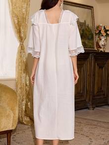 PalaceNights French Retro Maternity Dress, Lace Ruffle Hem Loose Pregnancy Long Dress, Gentle Style Housedress - White - View 2
