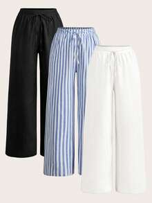 SHEIN Tall CURVE Conjunto de 3 piezas de pantalones casuales de vacaciones con cordón, textura y rayas de unicolor para mujer talla grande - Multicolor - Ver 1