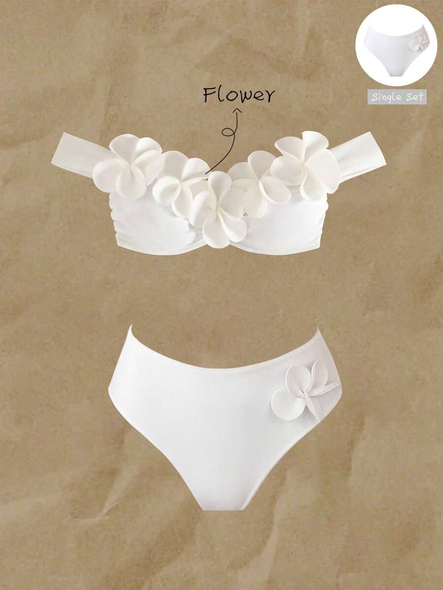 Elavelle 女款純色高衩3D花卉比基尼泳褲,春夏海灘度假白色熱帶風 - 白色 - 查看 1