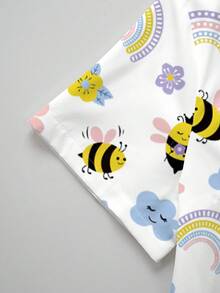 PopScrub Bee, Rainbow, Flower Cartoon Pattern Women's Nurse Uniform Top, Spring/Summer Fashion V-Neck Short Sleeve Double Pocket Design Side Slit Workwear, Women's Cute Scrub Top, Uniform Top - White - View 4