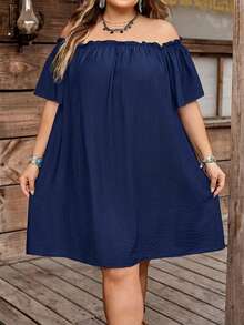 SHEIN CURVE+ Curve Size US22Music Festival, Seaside Vacation, Bohemia Women's Summer Fashion Casual Loose Comfortable Breathable Versatile Off-Shoulder Exposed Shoulder Black Mini Skirt, Suitable For Daily Wear, Vacation, Ibiza, European Summer, Afternoon Tea Party, Beach Outfit, Brunch, Etc. - Navy Blue - View 4