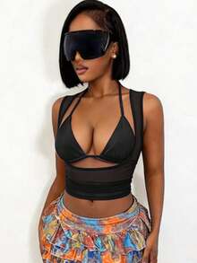 Mistrie Women's Solid Color Cutout Design 2 In 1 Rave Cropped Fitted Halter Neck Top Club Night Black Summer - Black - View 3