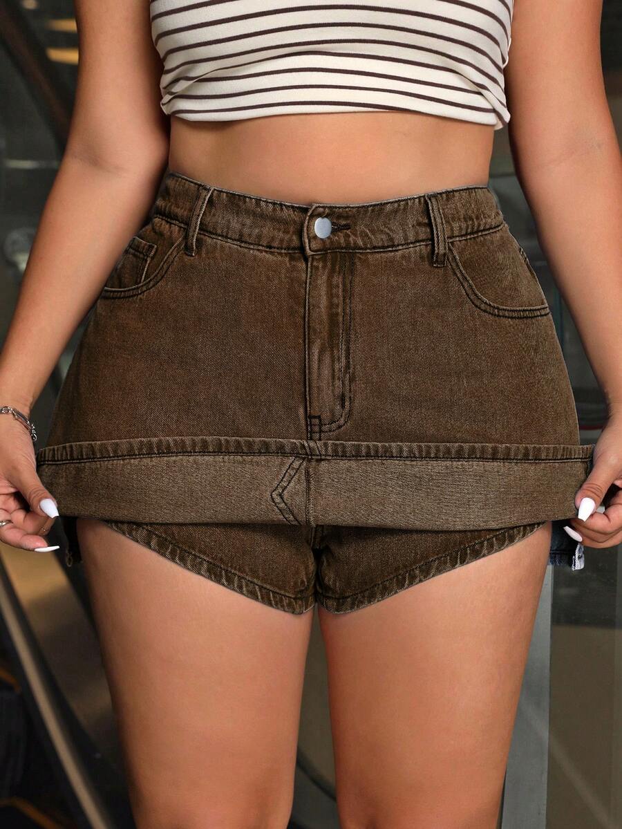 SHEIN ICON تنورة جينز قصيرة متعددة الاستخدامات كاجوال للنساء مقاس كبير مع جيوب وفتحة - بني - مشاهدة 1