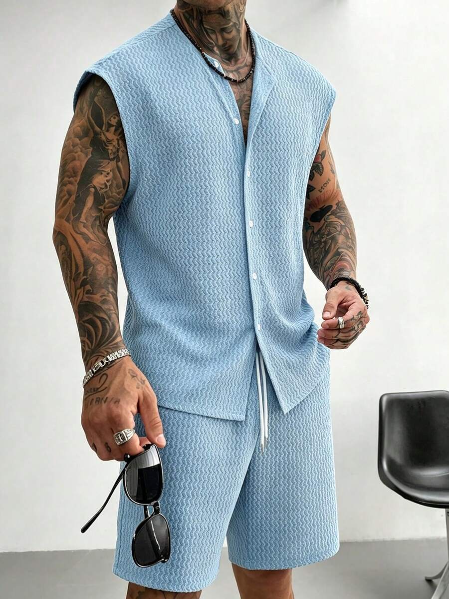 Manfinity CasualCool 男士休闲INS风同款纹理面料日常穿搭套装,送给男友/老公的礼物,周年纪念礼物,宽松无袖上衣套装 - 藍色 - 查看 1
