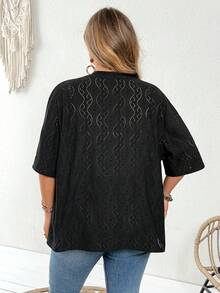 SHEIN CURVE+ Cubre ligero de manga corta y frente abierto de punto jacquard para mujer de talla grande - Negro - Ver 3