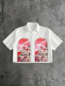 AXEPEAK Conjunto de camisa de solapa de un solo pecho con patrón de edificio y pantalones cortos para hombres - Rojo - Ver 4