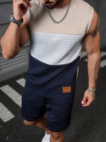 Manfinity CasualCool Men's Waffle Stripe Pattern Tank Top And Drawstring Waist Pocket Shorts Set, Holiday - Multicolor - View 3