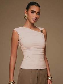 Hauture Top de mujer de unicolor sin mangas con fruncido y ajuste ceñido, de moda para el verano - Rosa - Ver 1