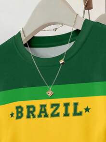 Resyla 女款收腰短袖修身抓皺腰部上衣 Brazil字母印花圖案短袖條紋T恤上衣 - 彩色 - 查看 5