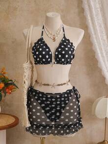 SHEIN Swim Mod 3件組 春夏度假純色花卉紋理面料珍珠貝殼裝飾荷葉邊飾掛脖三角比基尼上衣、側綁比基尼褲與雙層荷葉邊裙性感比基尼套裝 - 黑與白 - 查看 5