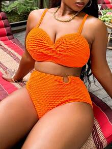 Slaydiva Plus Size Women 2pcs/Set Random Textured Fabric Casual Sexy Swimwear Set Beach Vacation Orange Summer - Burnt Orange - View 3