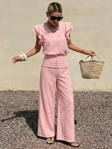 Livesso Spring/Summer Pink Vacation Outfit Commute Office V-Neck Ruffle Flutter Sleeve Casual Long Pants Women's 2 Pieces Set - Pink - View 5