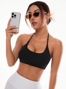 SHEIN Sports 女式圓領無鋼圈十字背後頸帶時尚運動內衣 - 黑色 - 查看 4