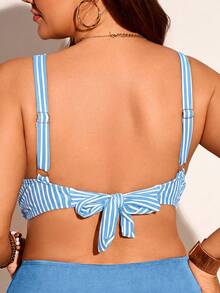 Swim Lushoire Plus Size Women's One-Piece Striped Print Casual Fashion Swimwear Top - Baby Blue - View 2