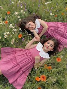 Elladie kids 1件女童夏季新款时尚韩版彼得潘领公主裙，可爱宽松西瓜蛋糕裙，百搭度假时尚连衣裙 - 玫紅色 - 查看 6