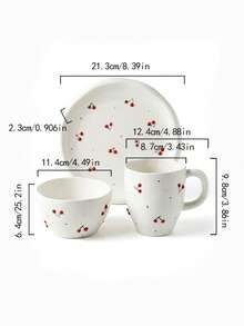 Cirelle 1Pc/3Pcs Ceramic Cup & Saucer Set, High-Temp Glazed Ceramic With Hand-Painted Cherry Prints, Heat & Cold Resistant For Holding Coffee And Tea, Ornamental Table Piece For Household Afternoon Tea And Indoor Counter Display. - Multicolor - View 4