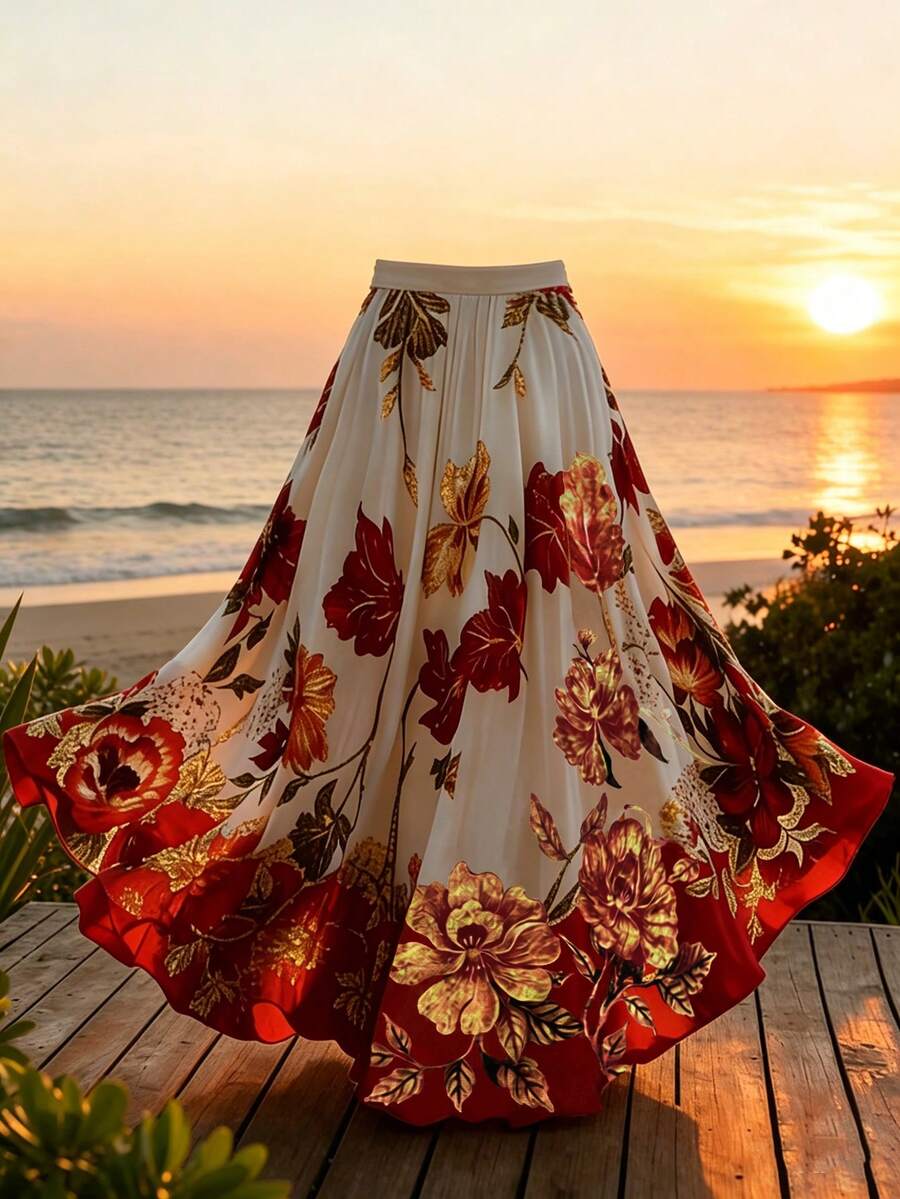 Qadelle Women's Elegant Floral Print A-Line Skirt, Summer - Multicolor - View 1