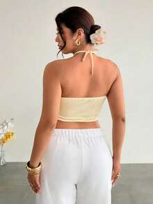Firerie Sexy Fairy Backless Sequin Spaghetti Strap Tie-Up Top, Butter Yellow Summer, Women's Bow Tie, Metal Detail Asymmetric Hem Camisole, Spring Apparel - Light Yellow - View 5
