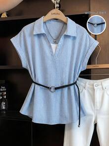 SHEIN Franclia Camisa casual de mujer con rayas azules y blancas, mangas de murciélago, sin cinturón, para negocios, oficina y trabajo de verano - Azul - Ver 1