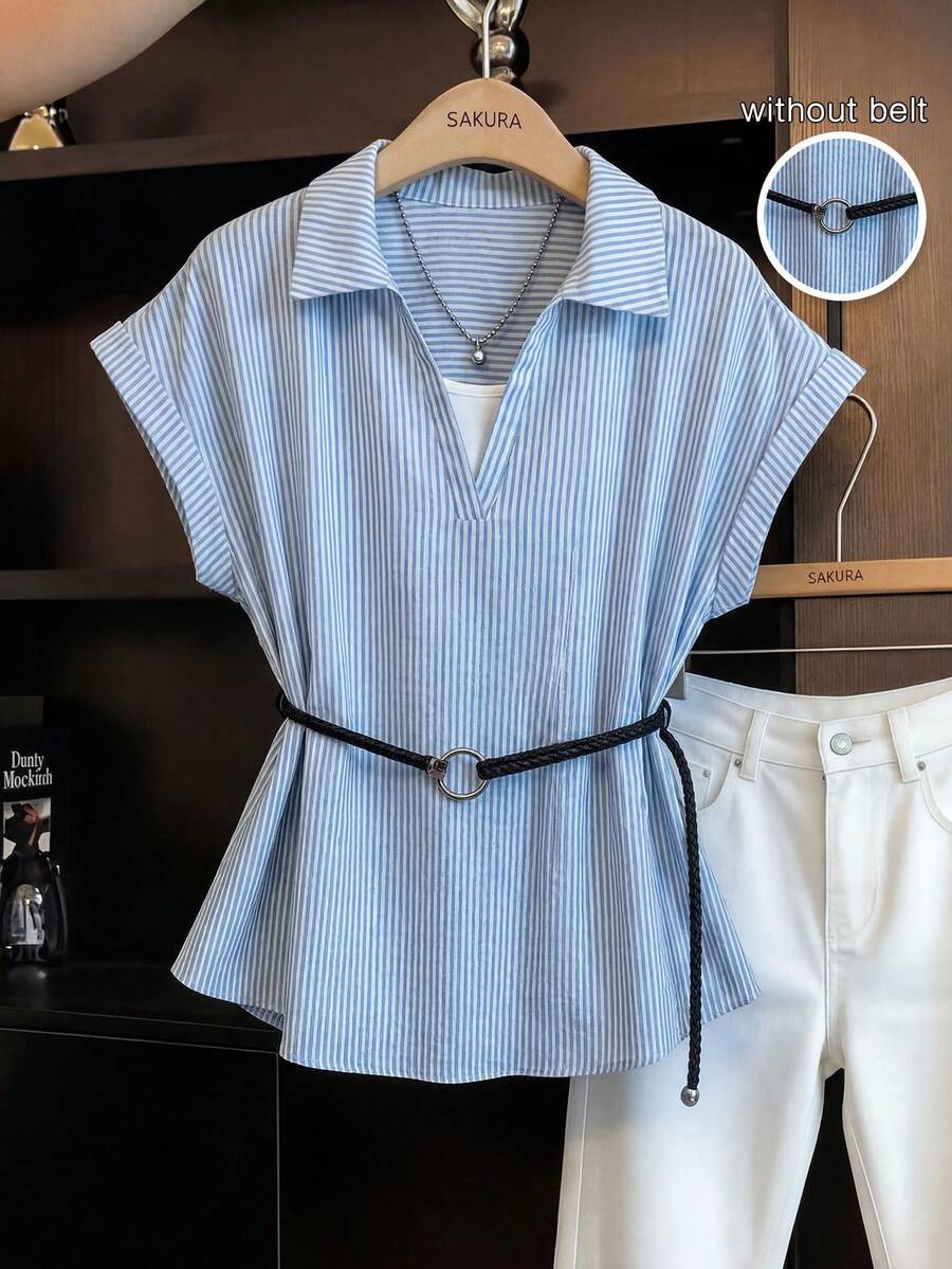 SHEIN Franclia Camisa casual de mujer con rayas azules y blancas, mangas de murciélago, sin cinturón, para negocios, oficina y trabajo de verano - Azul - Ver 1