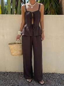 Livesso Spring/Summer Dark Brown Casual French 2-Piece Set For Women, V-Neck Ruffle Tie Strap Top And Long Pants, Suitable For Vacation, Commute And Office - Brown - View 3