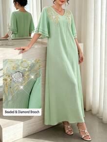 Yasmyna V-Neck Green Dress With Pearl & Rhinestone Floral Embellishment, Spring/Summer - Green - View 2