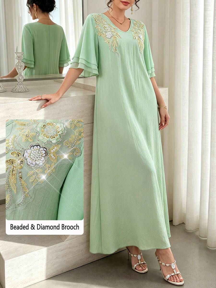 Yasmyna V-Neck Green Dress With Pearl & Rhinestone Floral Embellishment, Spring/Summer
