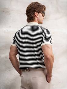 Airaco 2026 Spring Casual Men's Contrast Collar Striped Knit Polo Shirt, Business Casual Weekend Street Style - Black and White - View 2