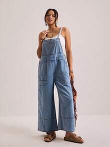 Freevana Plus Size Women's Pocket Casual Formal Daily Travel Denim Strapless Wide Leg Jumpsuit Light Blue Summer - Medium Wash - View 4