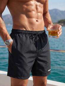 Horizaway Summer Men's Solid Color Drawstring Waist Pocket Beach Shorts Holiday / Vacation / Beach / Hawaii / Tropical / Swim /  Bathing - Black - View 3