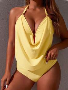 Swim Vcay Baju Renang Tankini Halter Model Drape untuk Pantai Musim Panas Warna Hitam - Kuning - View 3