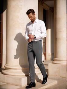 Officeau Men's Suit Pants, Fashionable Casual Straight Leg Trousers, Loose Minimalist Style, Solid Color Wrinkle-Resistant Straight Leg Pants - Grey - View 3