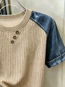 Franclia Women's Round Neck Color Block Casual Versatile Daily Wear Short Sleeve T-Shirt - Brown - View 3