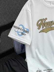 SHEIN 2件組青少年男孩運動休閒套裝，白色夏季圖案T恤與短褲套裝，返校街頭風，柔軟舒適校園戶外穿著 - 杏色 - 查看 5