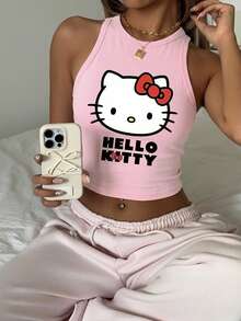 CovetEZ HELLO KITTY AND FRIENDS | SHEIN 休闲简约日常百搭可爱猫咪印花图案，适合海滩、度假，女士夏季圆领紧身吊带背心 - 彩色 - 查看 3