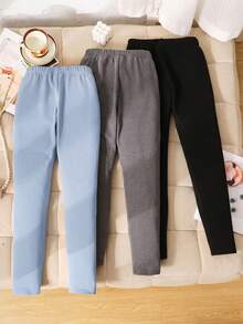 SHEIN 3pcs/Set Tween Girls All-Match Casual Thermal-Lined Soft Ribbed Faux Leather Patch Letter Leggings, Black/Grey/Blue, Comfortable Essential Versatile Leggings Set - Blue - View 2