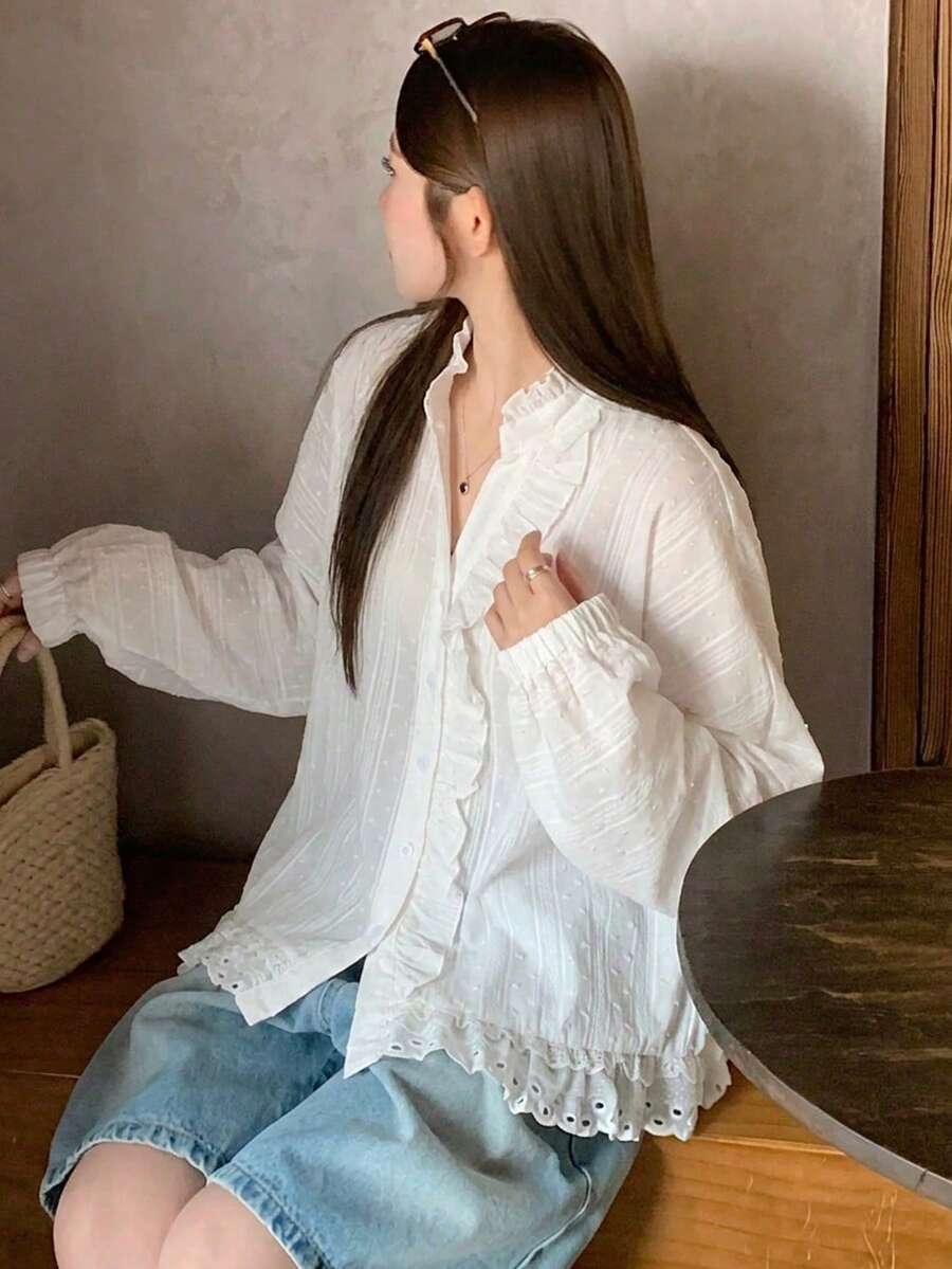 DAZY 女士连帽长袖宽松纹理面料蕾丝拼接休闲度假风常规外套 - 白色 - 查看 1