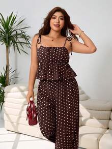 Solflare Plus Size Brown Polka Dot Sleeveless Ruffle Hem Loose 2 Pieces Set, Summer - Brown - View 6