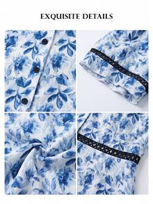 ELLERISSA Blusa de jersey con mangas con volantes, insertos de encaje y estampado floral azul para tallas grandes - Azul - Ver 6