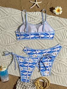 Swim Mod Swim2026 新款女款 3 件組海洋系列印花三角掛脖比基尼泳衣套裝，可愛女孩度假泳裝套裝，多種穿搭選擇，可互換，附綁帶蝴蝶結設計，適合夏季穿著 - 藍色 - 查看 2