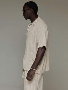 Musero Oversized Short Sleeve Tunic Shirt In Woven Pinstrpe Elasticated Jogger Pant In Woven Pinstripe  Spring Summer Essentials - Khaki - View 7