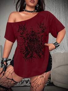 Whyspr Rave Coachella 蕾絲拼接印花修身 T-Shirt - 酒紅色 - 查看 4