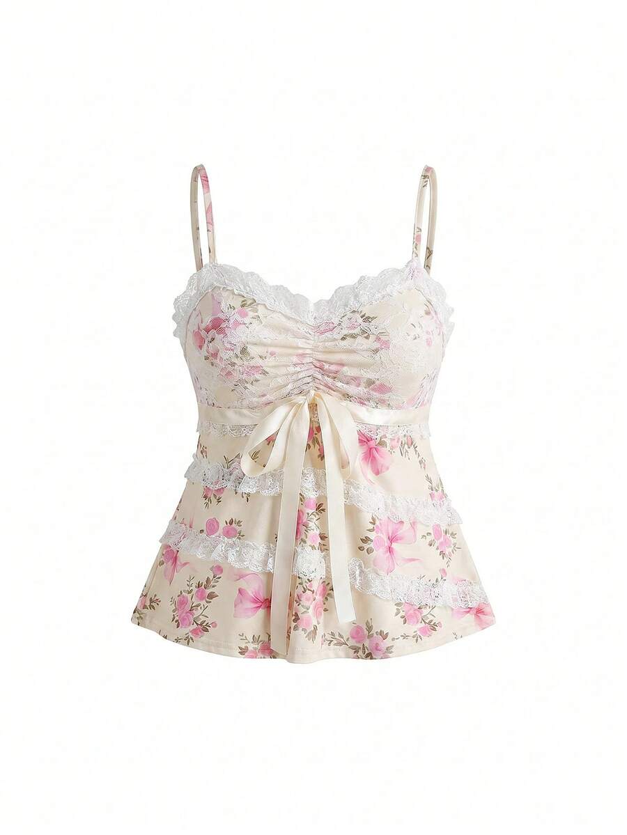 Sweetness Áo hai dây nữ phong cách vintage dễ thương lãng mạn, đính nơ, phối ren hoa, phối màu tương phản - Vàng nhạt - Xem 1