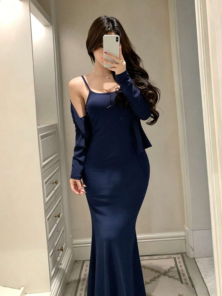 DAZY 2件組純色針織開襟外套與修身細肩帶洋裝套裝，女款居家休閒睡衣 - 藏蓝色 - 查看 1