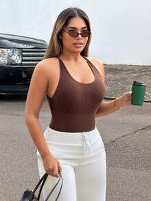 Slayform Slayform Seamless Coffee Brown Print Backless Jumpsuit Gym Summer Athleisure - Coffee Brown - View 3