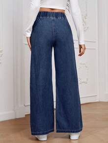 SHEIN PETITE Women's Casual Elastic Waist Wide Leg Jeans - Dark Wash - View 2