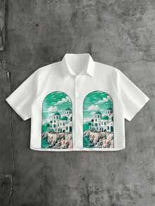 AXEPEAK Men's Architectural Print Short Sleeve Shirt And Shorts Set - Green - View 3